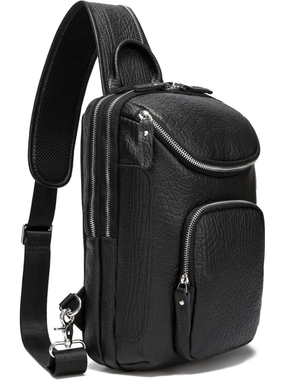 Unisex Black Vintage Full Grain Leather Sling Chest Bag Daypack Crossbody Bag